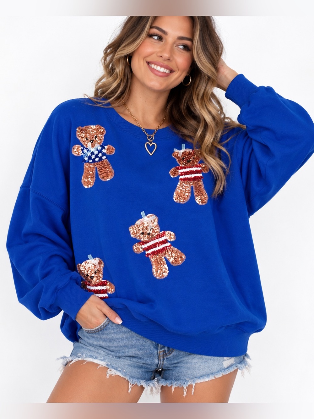 Sequin Teddy Bear Appliqué Sweatshirt - Royal Blue Medium